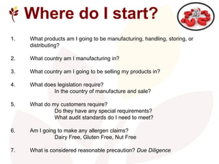 Where do I start?
1. What products am I going to be manufacturing, handling, storing, or
distributing?
2. What country am ...