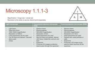Microscopy 1.1.1-3
•
•

I
A

Magnification = image size ÷ actual size
Resolution is the ability to see two distinct points separately.

M

Light microscope

Transmission electron microscope
(TEM)

Scanning electron microscope (SEM)

•
•
•
•
•
•

•
•
•
•
•
•

•
•
•
•
•
•

•

Light beam
Glass lens focus
1000-1500X magnification
Resolution of 200nm
Living specimens can be used
Can be fixed and stained. Coloured
stains used
cheap

•
•
•

Electron beam
Electromagnets
500,000X magnification
Resolution of 2nm
Dead specimens are used
Must be fixed and stained. stained
with heavy metals like uranium and
lead
Expensive
Produces 2D images as electron
beams pass through the specimen.

•
•

Electron beam
Electromagnets
200,000X magnification
Resolution of 2-10nm
Dead specimens are used
Stained with metal particles or
salts.
Expensive.
Produces a 3D image as the
electron beam bounces off the
specimen.

 