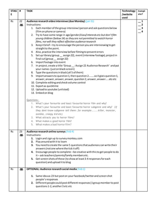 STAG
E
# TASK Technology
/website
used
Compl-
ete?
Rs 22 Audience researchvideointerviews(due Monday) (jan31)
Instructions:
1. Each memberof the group interview1personand askquestionsbelow
(filmonphone orcamera)
2. Try to have some range in age/gender/class/interestsetc butdon’tfilm
young children (below14) as they are notpermitted to watch horror
films, norwill they reflect effective audienceresearch
3. Keepitbrief – try to encourage the personyouare interviewingtoget
straightto the point.
4. Also,practice the interview before filmingtopreventerrors
5. Setup library(group__ assign22), event(interview footage),projectin
final cut(group__ assign22)
6. Importfootage intoevent
7. In project,create a title ‘Group__: Assign22 Audience Research’ andput
your names (justonblackscreen)
8. Type the questionsinblack(all 5 of them)
9. Importanswersto question1,thenquestion2………soitgoesquestion1,
answer,answer,answer,answer,question2,answer,answer…..etcetc
10. Complete editingandcheckvolume control
11. Exportas quicktime
12. Uploadto youtube (unlisted)
13. Embedon blog
Questions:
1. What’s your favourite and least favourite horror film and why?
2. What’s your favourite and least favourite horror subgenre and why? (if
they dont know subgenre tell them: for example.......killer, monster,
zombie, creepy kid etc)
3. What attracts you to horror films?
4. What makes a good horror film?
5. What makesa bad horror film?
__ 1
__ 2
__ 3
__ 4
Rs 23 Audience researchonline surveys (Feb4)
Instructions:
1. Loginand signup to surveymonkey.com
2. Playaroundwithit to learn
3. You needtocreate the same 5 questionsthataudiencescanwrite their
answers(notone where the tickitoff)
4. Encourage people tocomplete –be creative withthistoget people todo
it – ask teachers/parents/familymembersetc.
5. Get screenshotsof these (toshow at least3-4 responsesforeach
question) anduploadittoblog
Rs OPTIONAL: Audience researchsocial media(Feb1)
1. Same ideaas 23 but poston yourfacebook/twitterandscreenshot
people’sresponses
2. Differentpeoplecouldpostdifferent responses(1groupmembertopost
questions1-2,another3 etc etc
 