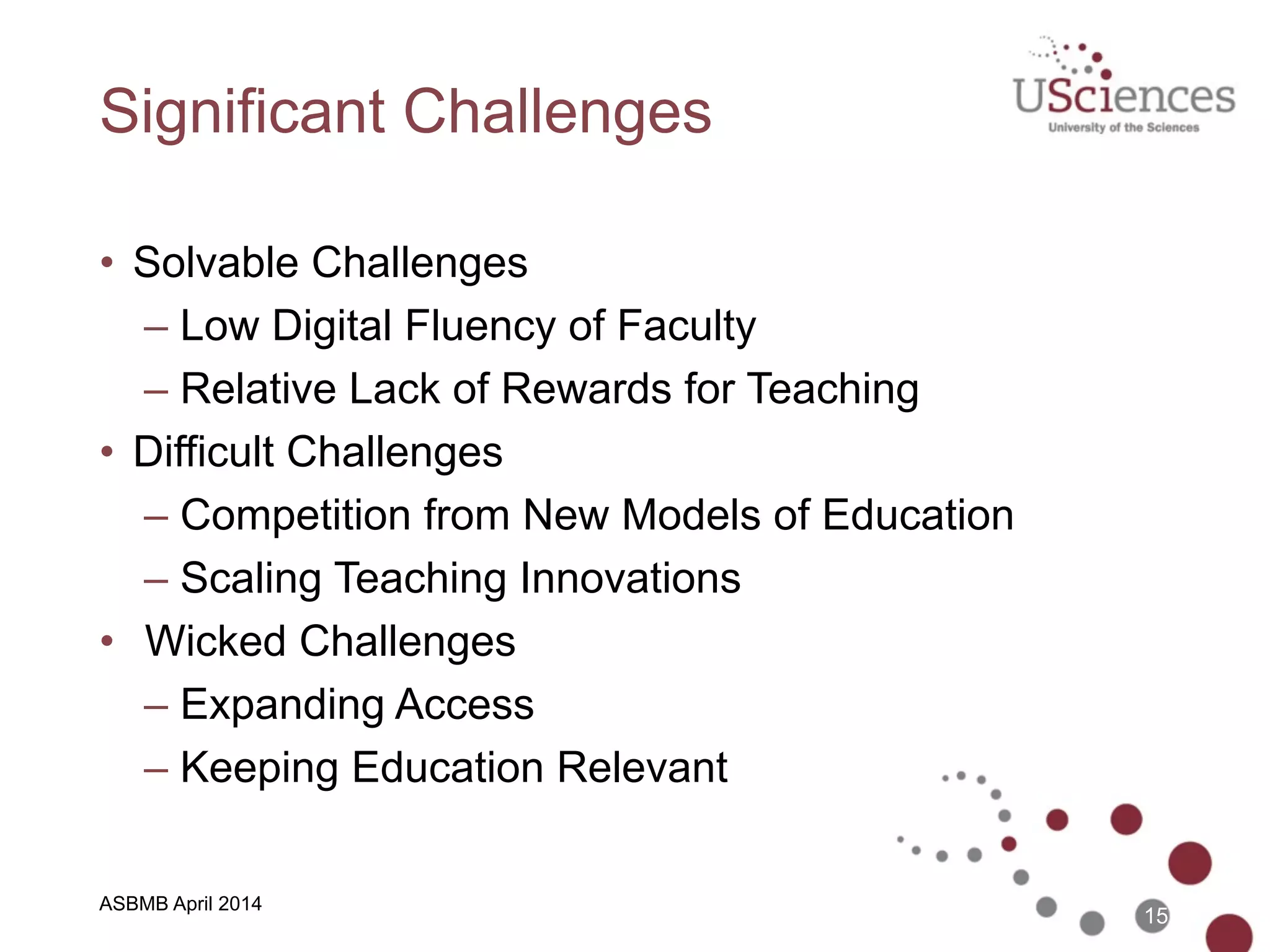 ASBMB April 2014
2014 Horizon: Key Trends
• Fast Trends (1 - 2 years)
– Social Media
– Online, Hybrid, and Peer Learning
• Mid-Range Trends (3 - 5 years)
– Data-Driven Learning and Assessment
– Students as Consumers to Students as Creators
• Long-Range Trends (> 5 years)
– Agile Approaches to Change
– Evolution of Online Learning
15
 