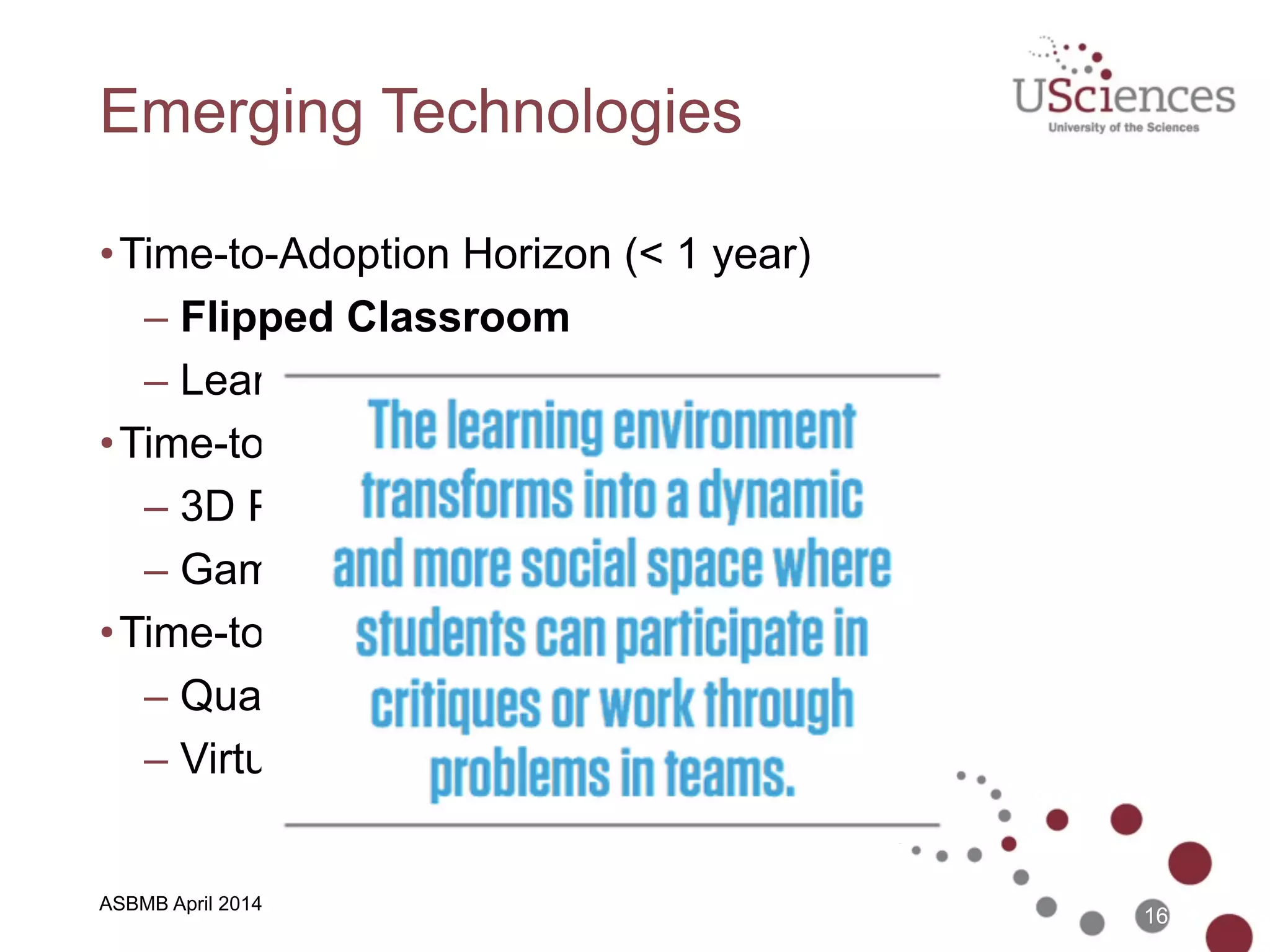 ASBMB April 2014
2014 Horizon: Significant Challenges
• Solvable Challenges
– Low Digital Fluency of Faculty
– Relative Lack of Rewards for Teaching
• Difficult Challenges
– Competition from New Models of Education
– Scaling Teaching Innovations
• Wicked Challenges
– Expanding Access
– Keeping Education Relevant
16
 