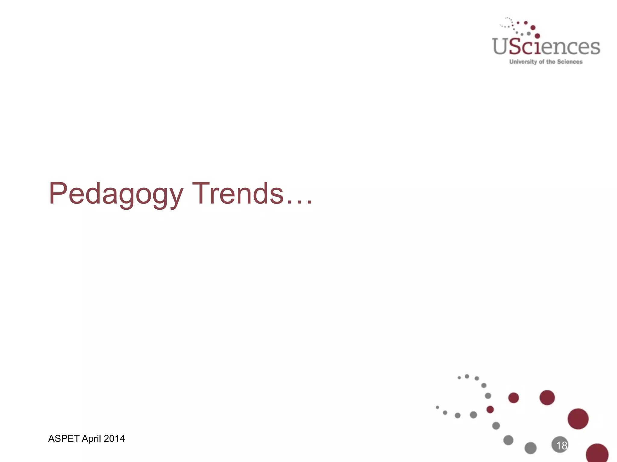 ASBMB April 2014
e-Learning on the Horizon
• Pedagogy Trends
–Online, Hybrid, and  
Collaborative (Peer) Learning
!
• Technology
–Flipped Classroom
18
 