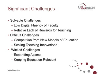ASBMB April 2014
2014 Horizon: Key Trends
• Fast Trends (1 - 2 years)
– Social Media
– Online, Hybrid, and Peer Learning
• Mid-Range Trends (3 - 5 years)
– Data-Driven Learning and Assessment
– Students as Consumers to Students as Creators
• Long-Range Trends (> 5 years)
– Agile Approaches to Change
– Evolution of Online Learning
15
 