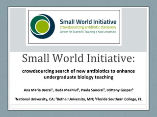 Small	
  World	
  Initiative:	
  	
  
crowdsourcing	
  search	
  of	
  new	
  an0bio0cs	
  to	
  enhance	
  
undergraduate	
  biology	
  teaching	
  
	
  
Ana	
  Maria	
  Barral1,	
  Huda	
  Makhluf1,	
  Paula	
  Soneral2,	
  Bri?any	
  Gasper3	
  
	
  
1Na0onal	
  University,	
  CA;	
  2Bethel	
  University,	
  MN;	
  3Florida	
  Southern	
  College,	
  FL.	
  
 