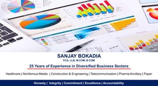 SANJAY BOKADIA
FCA, LLB, M.COM, B.COM
25 Years of Experience in Diversified Business Sectors
Healthcare | Nonferrous Metals | Construction & Engineering | Telecommunication | Pharma Ancillary | Paper
Honesty | Integrity | Commitment | Excellence | Accountability
 