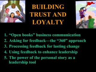 BUILDINGBUILDING
TRUST ANDTRUST AND
LOYALTYLOYALTY
1.1. ““Open books” business communicationOpen books” business communication
2.2. Asking for feedback—the “360” approachAsking for feedback—the “360” approach
3.3. Processing feedback for lasting changeProcessing feedback for lasting change
4.4. Using feedback to enhance leadershipUsing feedback to enhance leadership
5.5. The power of the personal story as aThe power of the personal story as a
leadership toolleadership tool
 