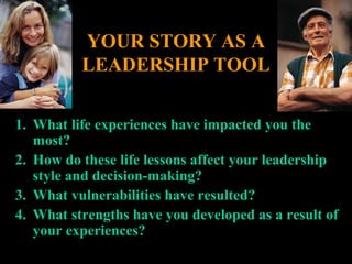 YOUR STORY AS AYOUR STORY AS A
LEADERSHIP TOOLLEADERSHIP TOOL
1.1. What life experiences have impacted you theWhat life experiences have impacted you the
most?most?
2.2. How do these life lessons affect your leadershipHow do these life lessons affect your leadership
style and decision-making?style and decision-making?
3.3. What vulnerabilities have resulted?What vulnerabilities have resulted?
4.4. What strengths have you developed as a result ofWhat strengths have you developed as a result of
your experiences?your experiences?
 