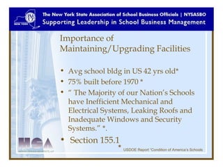 Importance of
Maintaining/Upgrading Facilities

• Avg school bldg in US 42 yrs old*
• 75% built before 1970 *
• “ The Majo...