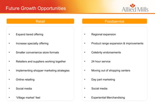 Future Growth Opportunities Expand tiered offering Increase specialty offering Smaller convenience store formats Retailers and suppliers working together Implementing shopper marketing strategies Online retailing  Social media ‘ Village market’ feel Retail Foodservice Regional expansion Product range expansion & improvements Celebrity endorsements 24 hour service Moving out of shopping centers Day part marketing Social media Experiential Merchandising 