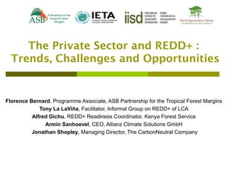The Private Sector and REDD+ :
    Trends, Challenges and Opportunities


  Florence Bernard, Programme Associate, ASB Partnership for the Tropical Forest Margins
               Tony La LaViña, Facilitator, Informal Group on REDD+ of LCA
            Alfred Gichu, REDD+ Readiness Coordinator, Kenya Forest Service
                 Armin Sanhoevel, CEO, Allianz Climate Solutions GmbH
            Jonathan Shopley, Managing Director, The CarbonNeutral Company

                           29TH NOVEMBER 2012
DOHA CLIMATE CHANGE CONFERENCE
 