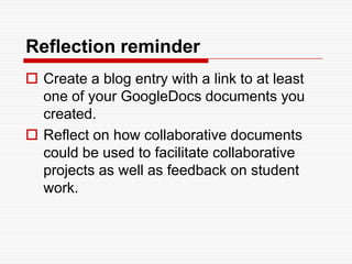 Recommendations on Storage:Students: convert all attached artifacts into web-compatible formats (JPEG or PDF) so that the potential reader will not need to own the original software in order to read it (i.e., Microsoft Office, Publisher, Inspiration documents could easily be converted into PDF and attached to a blog entry, or link to GoogleDocs). Web 2.0 storage: Video files can be saved on one of the video sharing sites, and use the Hyperlink or Embed code to include in your blog entry. Word, Excel and PowerPoint files could be uploaded into GoogleDocs. Other free websites that allow you to store documents: SlideShare, Scribd. Most of these Web 2.0 sites use an email address as the log-in name, so it will be easy to remember.