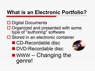 What is an Electronic Portfolio?Digital DocumentsOrganized and presented with some type of "authoring" softwareStored in an electronic container CD-Recordable discDVD-Recordable disc WWW – Changing the genre!