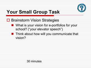 How will you develop incentives?Brainstorm strategies you can use to develop incentives for implementing electronic portfolios in your organization.