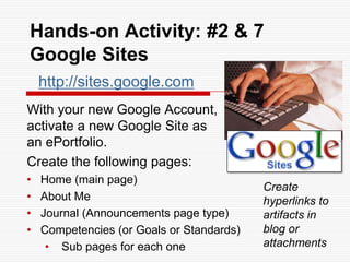 Google SitesAdvantagesFree website builderEasy-to-use Flexibility and creativity in portfolio authoring. Helps students build technology skills. Automatically store pages online. 100 MB limit on uploaded attachmentsInteractivity and FeedbackDisadvantagesSet up own system for managing the feedback on student work.
