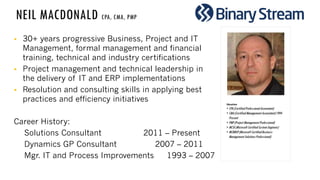  30+ years progressive Business, Project and IT
Management, formal management and financial
training, technical and industry certifications
 Project management and technical leadership in
the delivery of IT and ERP implementations
 Resolution and consulting skills in applying best
practices and efficiency initiatives
Career History:
Solutions Consultant 2011 – Present
Dynamics GP Consultant 2007 – 2011
Mgr. IT and Process Improvements 1993 – 2007
Education:
• CPA (CertifiedProfessionalAccountant)
• CMA (CertifiedManagementAccountant)1994-
Present
• PMP (Project ManagementProfessional)
• MCSE (Microsoft CertifiedSystemEngineer)
• MCBMSP (Microsoft CertifiedBusiness
ManagementSolutionsProfessional)
NEIL MACDONALD CPA, CMA, PMP
 