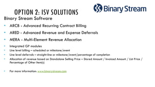 OPTION 2: ISV SOLUTIONS
•
•
•
•
• Line level billing – scheduled or milestone/event
• Line level deferrals – straight-line or milestone/event/percentage of completion
• Allocation of revenue based on Standalone Selling Price – Stored Amount / Invoiced Amount / List Price /
Percentage of Other Item(s)
• For more information: www.binarystream.com
 