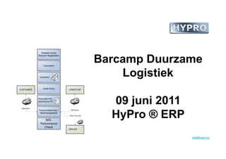 Barcamp Duurzame
    Logistiek

  09 juni 2011
  HyPro ® ERP
                 info@hypro.lu
 