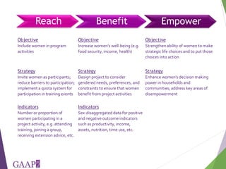 Reach, Benefit, Empower: Indicators for measuring impacts of programs and policy towards gender equality