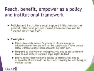 Reach, Benefit, Empower: Indicators for measuring impacts of programs and policy towards gender equality