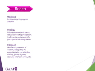 Reach, Benefit, Empower: Indicators for measuring impacts of programs and policy towards gender equality