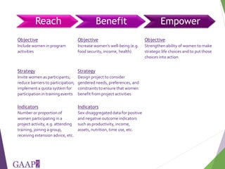Reach, Benefit, Empower: Indicators for measuring impacts of programs and policy towards gender equality