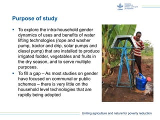 Gender and water lifting technologies: water lifting irrigation and multiple purposes