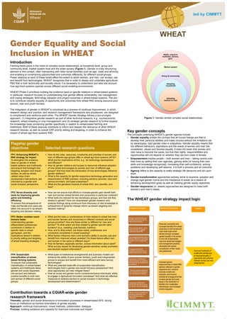 Introduction
Farming takes place in the midst of complex social relationships, at household level, group and
community level, market system level and the wider society (Figure 1). Gender is a key structuring
element in this context, often intersecting with other social identities such as age, caste and ethnicity,
and enabling or constraining opportunities and outcomes differently, for different social groups.
Power relations at each of these levels affect the extent to which women, and men, can access, use
and benefit from technologies. WHEAT recognizes that in order to design and undertake agricultural
R4D that is both technically and socially robust, it is necessary to understand and take into account
how agri-food systems operate across different social enabling environments.
WHEAT Phase II prioritizes building the evidence base on gender relations in wheat-based systems.
In particular, research focuses on understanding how gender affects vulnerability, risk management
and coping strategies, technology adoption and project outcomes in wheat-based systems. The aim
is to contribute towards equality of opportunity and outcomes from wheat R4D among resource-poor
women, men and youth farmers.
The integration of gender in WHEAT is conceived as a process of continual improvement, in which
research design and practice, and research management frameworks and procedures, are designed
to complement and reinforce each other. The WHEAT Gender Strategy follows a two-pronged
approach: (1) integrative gender research as part of other technical research, e.g., socioeconomic
research, wheat breeding or crop management; and (2) strategic gender research to further expand
the knowledge base concerning gender specifically in relation to wheat-based farming and
livelihoods. Both of these avenues contribute to inform and deepen the relevance of other WHEAT
research themes, as well as overall CRP priority setting and targeting, in order to enhance the
impact of wheat agri-food systems R4D.
NGOs, research
institutes, donors,
govt.
Market system
Group & community
Adopting
household
Adopting
woman or man
Figure 1: Gender amidst complex social relationships
Flagship gender
objectives Selected research questions
FP1: Enhancing WHEAT’s
R4D strategy for impact
To strengthen the evidence
base on gender in wheat-
based systems and livelihoods;
and ensure that foresight and
targeting, adoption and impact
studies, as well as wheat-
related value chain
development interventions, are
informed by a gender and
social inclusion perspective.
• How do the roles, resources, constraints and priorities of women and
men of different age groups differ in wheat agri-food systems (AFS)?
What are the implications of this, e.g., for technology development
and diffusion?
• How do gender relations and access to resources influence adoption
of new wheat technologies by women and men of different age
groups? And how does the introduction of new technologies influence
gender relations?
• What is the capacity for gender-responsive technology generation and
dissemination of R&D partners, including advisory services, input and
service providers, and seed enterprises?
• What are the gendered impacts of wheat R4D, who benefits, and
how?
FP2: Novel diversity and
tools for improving genetic
gains and breeding
efficiency
To ensure that perspectives of
male and female end users are
taken into account in up-stream
targeting and decision making.
• How can we ensure that efforts to increase genetic gain benefit both
men and women wheat farmers and consumers in particular contexts?
• What traits are relevant for key beneficiary groups, and how are they
related to gender? How can downstream gender research and
analysis findings along continuum from discovery of new knowledge to
achievement of systemic change inform up-stream targeting and
decision making?
FP3: Better varieties reach
farmers faster
Understanding gender-
differentiated preferences/
constraints in relation to
specific traits in wheat
germplasm, and the
implications hereof in relation
to priority setting and targeting
of wheat breeding strategies.
• What are the traits or combinations of traits related to wheat that men
and women farmers and consumers in different contexts and social
groups prioritize? How are these similar or different for men and
women? To what extent are they related to gender-specific labor
burdens? (e.g., weeding, post-harvest, nutrition).
• How, and to what extent, are these needs, preferences and
constraints considered in wheat breeding?
• What factors influence men’s and women’s ability to access, use and
benefit from improved wheat varieties? Do these factors affect men
and women in the same or different ways?
• How do farmers, especially women, access information about seed?
What are key issues for developing gender-sensitive variety promotion
and decision support information?
FP4: Sustainable
intensification of wheat-
based farming systems
To ensure that sustainable
intensification of wheat-based
systems and livelihoods takes
gender and social disparities
into account and delivers
positive benefits to both men
and women of different social
groups.
• What types of institutional arrangements and business models can
enhance the ability of poor women farmers, youth and marginalized
groups to access and benefit from more efficient and labor-saving
technologies?
• What are potential trade-offs of sustainable intensification
technologies from a gender and social inclusion perspective? And
what approaches can help mitigate these?
• How do social and gender norms constrain/enhance individuals’ ability
to engage in agricultural innovation processes? And what are effective
measures to address barriers to social inclusion in technology
development and dissemination?
Contribution towards a CGIAR-wide gender
research framework
Thematic: gender and social dimensions of innovation processes in wheat-based AFS, strong
focus on institutions as barriers to/enablers of gender equality
Approach: continual improvement, mixed methods, collaboration, dialogue
Process: building evidence and capacity for improved outcomes and impact
The WHEAT gender strategy impact logic
Key gender concepts
The concepts underlying WHEAT’s gender agenda include:
• Gender equality entails the concept that all human beings are free to
develop their personal abilities and make choices without the limitations set
by stereotypes, rigid gender roles or prejudices. Gender equality means that
the different behaviors, aspirations and the needs of women and men are
considered, valued and favored equally. It does not mean that women and
men have to become the same, but that their rights, responsibilities and
opportunities will not depend on whether they are born male or female.
• Empowerment implies people – both women and men – taking control over
their lives by setting their own agendas, gaining skills (or having their own
skills and knowledge recognized), increasing their self-confidence, solving
problems and developing self-reliance. It is both a process and an outcome.
• Agency refers to the capacity to make strategic life decisions and act upon
them.
• Gender-transformative approaches actively strive to examine, question and
change rigid gender norms and the imbalance of power as a means of
achieving development goals as well as meeting gender equity objectives.
• Gender-responsive (or -aware) approaches are designed to meet both
women’s and men’s needs.
Gender Equality and Social
Inclusion in WHEAT
Research Outputs Research Outcomes Impact
Gender-sensitive guidelines re:
technology promotion; and
farmer decision support
information
Innovative, gender-responsive
and -transformative crop and
farm management practices
Trait pipelines for R4D
addressing characteristics of
special importance to women
Sex-disaggregated data sets re:
farmer preferences, technology
adoption, crop management,
etc.
Sensitization of NARS and
advisory services re: gender in
wheat technology development
and diffusion
Sustainable intensification
frameworks with social equity
and gender analysis integrated
Reduced vulnerability and
increased benefits from wheat
production to both female and
male small-scale wheat
farmers through increased
gender equality in the access
to and use of appropriate,
improved wheat technologies
and management practices,
developed with special
consideration of their needs
and preferences
Increased gender
responsiveness of wheat R&D
partners reflected in gender-
responsive and -inclusive
business models and
practices, and inclusive
institutional arrangements that
increase gender and social
equity in the distribution of
benefits from sustainable
intensification and increased
market integration
Research priority setting and
targeting informed by gender
research and analysis
Peer-reviewed articles, policy
briefs and tools for gender-
responsive wheat R4D
Improved livelihoods of
smallholder families due
to improved equality of
opportunity and outcomes
between women and men
wheat farmers
 