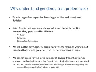 Understanding gendered rice varietal trait preferences: Case of stress tolerant rice in Odisha