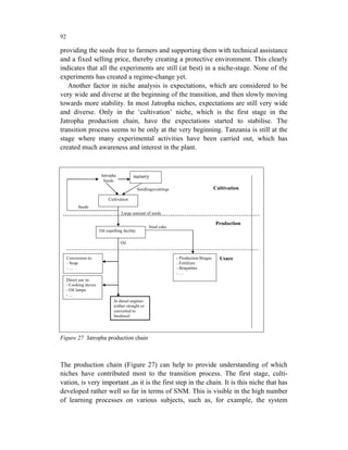 92

providing the seeds free to farmers and supporting them with technical assistance
and a fixed selling price, thereby creating a protective environment. This clearly
indicates that all the experiments are still (at best) in a niche-stage. None of the
experiments has created a regime-change yet.
   Another factor in niche analysis is expectations, which are considered to be
very wide and diverse at the beginning of the transition, and then slowly moving
towards more stability. In most Jatropha niches, expectations are still very wide
and diverse. Only in the ‘cultivation’ niche, which is the first stage in the
Jatropha production chain, have the expectations started to stabilise. The
transition process seems to be only at the very beginning. Tanzania is still at the
stage where many experimental activities have been carried out, which has
created much awareness and interest in the plant.


                         Jatropha           nursery
                          Seeds
                                                 Seedlings/cuttings                         Cultivation

                             Cultivation
           Seeds
                                     Large amount of seeds

                                                                                            Production
                                                       Seed cake
                        Oil expelling facility

                                    Oil


     Conversion to:                                                   - Production Biogas     Usage
     - Soap                                                           - Fertilizer
     -…                                                               - Briquettes
                                                                      -…
     Direct use in:
     - Cooking stoves
     - Oil lamps
     -…
                                In diesel engines
                                (either straight or
                                converted to
                                biodiesel




Figure 27 Jatropha production chain



The production chain (Figure 27) can help to provide understanding of which
niches have contributed most to the transition process. The first stage, culti-
vation, is very important ,as it is the first step in the chain. It is this niche that has
developed rather well so far in terms of SNM. This is visible in the high number
of learning processes on various subjects, such as, for example, the system
 