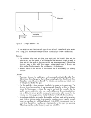 115




                                                            Moringe




                          Jatropha
       Storage


Figure 30   Example of farmer’s plot


  If you were to take Jatropha oil, pyrethrum oil and avocado oil you would
have a very good insect repellent (pyrethrum alone decays with UV radiation).

Barriers:
     The problems arise when it is done on a large scale: the logistics. How are you
     going to get into the middle of a 1000 ha plot? Do you want people to walk in
     there and pick the seeds, or do you want big and heavy equipment? (Most of the
     time they want to drive with their tractor 5 miles straight turn 90 degrees and
     drive another 5 miles straight;, that would destroy the landscape)
     Another barrier is the amount of information that is still lacking on growing
     Jatropha.

Lessons:
     There were farmers who used to grow cashewnuts and switched to Jatropha. They
     did not treat the soil properly; the top layer was ploughed but the old roots from
     the cashew were still deep in the soil. The Jatropha was choking and after 2 years
     all Jatropha had died at that spot.
     For the pesticide, a large company bought it, in tonnes at the same time. The
     farmers formed cooperatives, it was transported altogether to Dar es Salaam,
     where the big company weighed the material and said, for example, that the
     quality was not good so the price was very low (the driver does not care that they
     pay so little, the driver gets his money), the cooperative takes money for the
     building and other equipment and finally the farmer is left with almost nothing.
     According to Malcolm, an expeller designed for sunflower seeds will never give a
     good yield on Jatropha seeds, the pressure for a sunflower seed expeller is much
     lower. At one place they said they had an oil yield of 80% (groundnuts); when he
     went there, they did not even have a weighing scale, so they were just guessing.
     When they expelled another batch, the yield was only 15%.
 