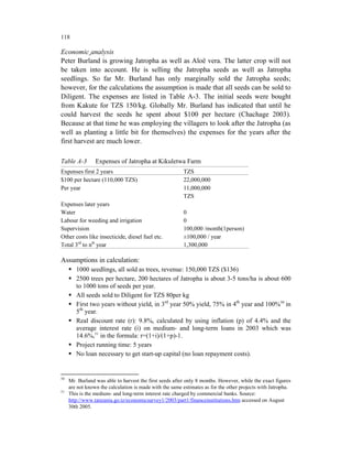 118

Economic analysis
Peter Burland is growing Jatropha as well as Aloë vera. The latter crop will not
be taken into account. He is selling the Jatropha seeds as well as Jatropha
seedlings. So far Mr. Burland has only marginally sold the Jatropha seeds;
however, for the calculations the assumption is made that all seeds can be sold to
Diligent. The expenses are listed in Table A-3. The initial seeds were bought
from Kakute for TZS 150/kg. Globally Mr. Burland has indicated that until he
could harvest the seeds he spent about $100 per hectare (Chachage 2003).
Because at that time he was employing the villagers to look after the Jatropha (as
well as planting a little bit for themselves) the expenses for the years after the
first harvest are much lower.

Table A-3        Expenses of Jatropha at Kikuletwa Farm
Expenses first 2 years                                   TZS
$100 per hectare (110,000 TZS)                           22,000,000
Per year                                                 11,000,000
                                                         TZS
Expenses later years
Water                                                    0
Labour for weeding and irrigation                        0
Supervision                                              100,000 /month(1person)
Other costs like insecticide, diesel fuel etc.           ±100,000 / year
Total 3rd to nth year                                    1,300,000

Assumptions in calculation:
        1000 seedlings, all sold as trees, revenue: 150,000 TZS ($136)
        2500 trees per hectare, 200 hectares of Jatropha is about 3-5 tons/ha is about 600
        to 1000 tons of seeds per year.
        All seeds sold to Diligent for TZS 80per kg
        First two years without yield, in 3rd year 50% yield, 75% in 4th year and 100%50 in
        5th year.
        Real discount rate (r): 9.8%, calculated by using inflation (p) of 4.4% and the
        average interest rate (i) on medium- and long-term loans in 2003 which was
        14.6%,51 in the formula: r=(1+i)/(1+p)-1.
        Project running time: 5 years
        No loan necessary to get start-up capital (no loan repayment costs).


50
     Mr. Burland was able to harvest the first seeds after only 8 months. However, while the exact figures
     are not known the calculation is made with the same estimates as for the other projects with Jatropha.
51
     This is the medium- and long-term interest rate charged by commercial banks. Source:
     http://www.tanzania.go.tz/economicsurvey1/2003/part1/financeinstitutions.htm accessed on August
     30th 2005.
 