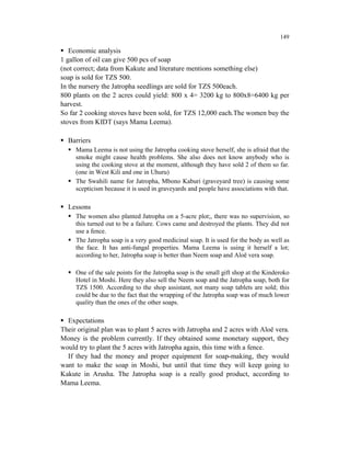 149

   Economic analysis
1 gallon of oil can give 500 pcs of soap
(not correct; data from Kakute and literature mentions something else)
soap is sold for TZS 500.
In the nursery the Jatropha seedlings are sold for TZS 500each.
800 plants on the 2 acres could yield: 800 x 4= 3200 kg to 800x8=6400 kg per
harvest.
So far 2 cooking stoves have been sold, for TZS 12,000 each.The women buy the
stoves from KIDT (says Mama Leema).

  Barriers
     Mama Leema is not using the Jatropha cooking stove herself, she is afraid that the
     smoke might cause health problems. She also does not know anybody who is
     using the cooking stove at the moment, although they have sold 2 of them so far.
     (one in West Kili and one in Uhuru)
     The Swahili name for Jatropha, Mbono Kaburi (graveyard tree) is causing some
     scepticism because it is used in graveyards and people have associations with that.

  Lessons
     The women also planted Jatropha on a 5-acre plot;, there was no supervision, so
     this turned out to be a failure. Cows came and destroyed the plants. They did not
     use a fence.
     The Jatropha soap is a very good medicinal soap. It is used for the body as well as
     the face. It has anti-fungal properties. Mama Leema is using it herself a lot;
     according to her, Jatropha soap is better than Neem soap and Aloë vera soap.

     One of the sale points for the Jatropha soap is the small gift shop at the Kinderoko
     Hotel in Moshi. Here they also sell the Neem soap and the Jatropha soap, both for
     TZS 1500. According to the shop assistant, not many soap tablets are sold; this
     could be due to the fact that the wrapping of the Jatropha soap was of much lower
     quality than the ones of the other soaps.

  Expectations
Their original plan was to plant 5 acres with Jatropha and 2 acres with Aloë vera.
Money is the problem currently. If they obtained some monetary support, they
would try to plant the 5 acres with Jatropha again, this time with a fence.
  If they had the money and proper equipment for soap-making, they would
want to make the soap in Moshi, but until that time they will keep going to
Kakute in Arusha. The Jatropha soap is a really good product, according to
Mama Leema.
 