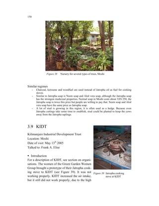 150




                   Figure 38    Nursery for several types of trees, Moshi



Similar regimes
      -   Charcoal, kerosene and woodfuel are used instead of Jatropha oil as fuel for cooking
          stoves.
      -   Similar to Jatropha soap is Neem soap and Aloë vera soap, although the Jatropha soap
          has the strongest medicinal properties. Normal soap in Moshi costs about TZS 250, the
          Jatropha soap is twice this price but people are willing to pay that. Neem soap and Aloë
          vera soap have the same price as Jatropha soap.
      -   A lot of sisal is growing in this region, it is often used as a hedge. Because even
          Jatropha cuttings take some time to establish, sisal could be planted to keep the cows
          away from the Jatropha saplings.



3.9 KIDT
Kilimanjaro Industrial Development Trust
Location: Moshi
Date of visit: May 13th 2005
Talked to: Frank A. Elise

   Introduction
For a description of KIDT, see section on organi-
sations. The women of the Green Garden Women
Group brought a prototype of their Jatropha cook-
ing stove to KIDT (see Figure 39). It was not Figure 39 Jatropha cooking
working properly. KIDT increased the air intake,        stove at KIDT
but it still did not work properly, due to the high
 