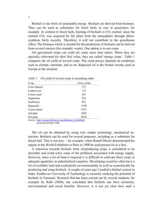 2

   Biofuel is one form of sustainable energy. Biofuels are derived from biomass.
They can be used as substitutes for fossil fuels, in cars or generators, for
example. In contrast to fossil fuels, burning of biofuels is CO2 neutral, since the
emitted CO2 was acquired by the plant from the atmosphere through photo-
synthesis fairly recently. Therefore, it will not contribute to the greenhouse
effect. The biomass which is needed for the production of biofuels can be derived
from several sources (for example, waste). One option is to use crops.
   All agricultural crops can yield oil, some more than others. When they are
specially cultivated for their fuel value, they are called ‘energy crops’. Table 1
compares the oil yield of several crops. The yield always depends on conditions
such as climate, nutrients, and so on. Rapeseed oil is the biofuel mostly used in
Europe at the moment.

Table 1     Oil yield of several crops in ascending order
Crop                                             Litres oil/ha
Corn (maize)                                          172
Cashew-nut                                            176
Cotton seed                                           325
Euphorbia                                             524
Sunflower                                             952
Rapeseed                                             1190
Castor beans                                         1413
Jatropha                                             1892
Oil palm                                             5950
Source: http://journeytoforever.org/biodiesel_yield.html,
        accessed October 2005.


   The oil can be obtained by using very simple technology, mechanical ex-
traction. Biofuels can be used for several purposes, including as a substitute for
diesel fuel. This is not new – for example, when Rudolf Diesel demonstrated his
engine at the World Exhibition in Paris in 1900 he used peanut oil as a fuel.
   A transition towards biofuels from oil-producing crops is considered to be
desirable and could solve some of the problems associated with energy supply.
However, since a lot of land is required it is difficult to cultivate these crops in
adequate quantities in industrialised countries. Developing countries often have a
lot of available land and could profit environmentally as well as economically by
producing and using biofuels. A couple of years ago I studied a biofuel system in
India. Eindhoven University of Technology is currently studying the potential of
biofuels in Tanzania. Research that has been carried out by several students, for
example by Rabé (2004), has concluded that biofuels can have economic,
environmental and social benefits. However, it is not yet clear how such a
 