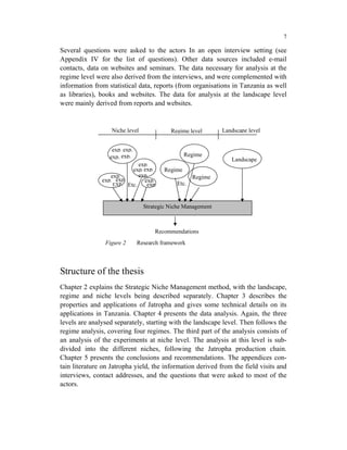 7

Several questions were asked to the actors In an open interview setting (see
Appendix IV for the list of questions). Other data sources included e-mail
contacts, data on websites and seminars. The data necessary for analysis at the
regime level were also derived from the interviews, and were complemented with
information from statistical data, reports (from organisations in Tanzania as well
as libraries), books and websites. The data for analysis at the landscape level
were mainly derived from reports and websites.


                   Niche level             Regime level       Landscape level


                   exp. exp.
                  exp. exp.                       Regime
                                                                 Landscape
                             exp.
                          exp. exp.      Regime
                  exp.       exp.                   Regime
               exp. exp.       exp.
                   EXP. Etc.    exp.         Etc.


                                 Strategic Niche Management



                                     Recommendations
                Figure 2       Research framework



Structure of the thesis
Chapter 2 explains the Strategic Niche Management method, with the landscape,
regime and niche levels being described separately. Chapter 3 describes the
properties and applications of Jatropha and gives some technical details on its
applications in Tanzania. Chapter 4 presents the data analysis. Again, the three
levels are analysed separately, starting with the landscape level. Then follows the
regime analysis, covering four regimes. The third part of the analysis consists of
an analysis of the experiments at niche level. The analysis at this level is sub-
divided into the different niches, following the Jatropha production chain.
Chapter 5 presents the conclusions and recommendations. The appendices con-
tain literature on Jatropha yield, the information derived from the field visits and
interviews, contact addresses, and the questions that were asked to most of the
actors.
 