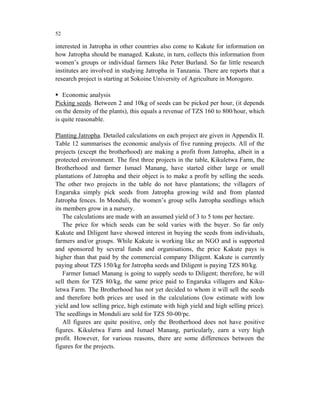 52

interested in Jatropha in other countries also come to Kakute for information on
how Jatropha should be managed. Kakute, in turn, collects this information from
women’s groups or individual farmers like Peter Burland. So far little research
institutes are involved in studying Jatropha in Tanzania. There are reports that a
research project is starting at Sokoine University of Agriculture in Morogoro.

   Economic analysis
Picking seeds. Between 2 and 10kg of seeds can be picked per hour, (it depends
on the density of the plants), this equals a revenue of TZS 160 to 800/hour, which
is quite reasonable.

Planting Jatropha. Detailed calculations on each project are given in Appendix II.
Table 12 summarises the economic analysis of five running projects. All of the
projects (except the brotherhood) are making a profit from Jatropha, albeit in a
protected environment. The first three projects in the table, Kikuletwa Farm, the
Brotherhood and farmer Ismael Manang, have started either large or small
plantations of Jatropha and their object is to make a profit by selling the seeds.
The other two projects in the table do not have plantations; the villagers of
Engaruka simply pick seeds from Jatropha growing wild and from planted
Jatropha fences. In Monduli, the women’s group sells Jatropha seedlings which
its members grow in a nursery.
    The calculations are made with an assumed yield of 3 to 5 tons per hectare.
    The price for which seeds can be sold varies with the buyer. So far only
Kakute and Diligent have showed interest in buying the seeds from individuals,
farmers and/or groups. While Kakute is working like an NGO and is supported
and sponsored by several funds and organisations, the price Kakute pays is
higher than that paid by the commercial company Diligent. Kakute is currently
paying about TZS 150/kg for Jatropha seeds and Diligent is paying TZS 80/kg.
    Farmer Ismael Manang is going to supply seeds to Diligent; therefore, he will
sell them for TZS 80/kg, the same price paid to Engaruka villagers and Kiku-
letwa Farm. The Brotherhood has not yet decided to whom it will sell the seeds
and therefore both prices are used in the calculations (low estimate with low
yield and low selling price, high estimate with high yield and high selling price).
The seedlings in Monduli are sold for TZS 50-00/pc.
    All figures are quite positive, only the Brotherhood does not have positive
figures. Kikuletwa Farm and Ismael Manang, particularly, earn a very high
profit. However, for various reasons, there are some differences between the
figures for the projects.
 