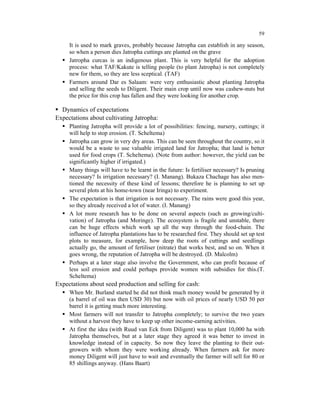 59

     It is used to mark graves, probably because Jatropha can establish in any season,
     so when a person dies Jatropha cuttings are planted on the grave
     Jatropha curcas is an indigenous plant. This is very helpful for the adoption
     process: what TAF/Kakute is telling people (to plant Jatropha) is not completely
     new for them, so they are less sceptical. (TAF)
     Farmers around Dar es Salaam: were very enthusiastic about planting Jatropha
     and selling the seeds to Diligent. Their main crop until now was cashew-nuts but
     the price for this crop has fallen and they were looking for another crop.

  Dynamics of expectations
Expectations about cultivating Jatropha:
     Planting Jatropha will provide a lot of possibilities: fencing, nursery, cuttings; it
     will help to stop erosion. (T. Scheltema)
     Jatropha can grow in very dry areas. This can be seen throughout the country, so it
     would be a waste to use valuable irrigated land for Jatropha; that land is better
     used for food crops (T. Scheltema). (Note from author: however, the yield can be
     significantly higher if irrigated.)
     Many things will have to be learnt in the future: Is fertiliser necessary? Is pruning
     necessary? Is irrigation necessary? (I. Manang). Bukaza Chachage has also men-
     tioned the necessity of these kind of lessons; therefore he is planning to set up
     several plots at his home-town (near Iringa) to experiment.
     The expectation is that irrigation is not necessary. The rains were good this year,
     so they already received a lot of water. (I. Manang)
     A lot more research has to be done on several aspects (such as growing/culti-
     vation) of Jatropha (and Moringe). The ecosystem is fragile and unstable, there
     can be huge effects which work up all the way through the food-chain. The
     influence of Jatropha plantations has to be researched first. They should set up test
     plots to measure, for example, how deep the roots of cuttings and seedlings
     actually go, the amount of fertiliser (nitrate) that works best, and so on. When it
     goes wrong, the reputation of Jatropha will be destroyed. (D. Malcolm)
     Perhaps at a later stage also involve the Government, who can profit because of
     less soil erosion and could perhaps provide women with subsidies for this.(T.
     Scheltema)
Expectations about seed production and selling for cash:
     When Mr. Burland started he did not think much money would be generated by it
     (a barrel of oil was then USD 30) but now with oil prices of nearly USD 50 per
     barrel it is getting much more interesting.
     Most farmers will not transfer to Jatropha completely; to survive the two years
     without a harvest they have to keep up other income-earning activities.
     At first the idea (with Ruud van Eck from Diligent) was to plant 10,000 ha with
     Jatropha themselves, but at a later stage they agreed it was better to invest in
     knowledge instead of in capacity. So now they leave the planting to their out-
     growers with whom they were working already. When farmers ask for more
     money Diligent will just have to wait and eventually the farmer will sell for 80 or
     85 shillings anyway. (Hans Baart)
 