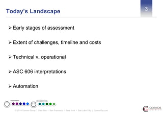 3 Today’s Landscape 
 Early stages of assessment 
 Extent of challenges, timeline and costs 
 Technical v. operational 
ASC 606 interpretations 
 Automation 
ASSESSMENT IMPLEMENTATION 
© 2014 Connor Group | Palo Alto • San Francisco • New York • Salt Lake City | ConnorGp.com 
 