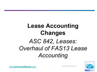 1
cloud@FusionObjects.com Fusion Objects Corporation
Lease Accounting
Changes
ASC 842, Leases:
Overhaul of FAS13 Lease
Accounting
 