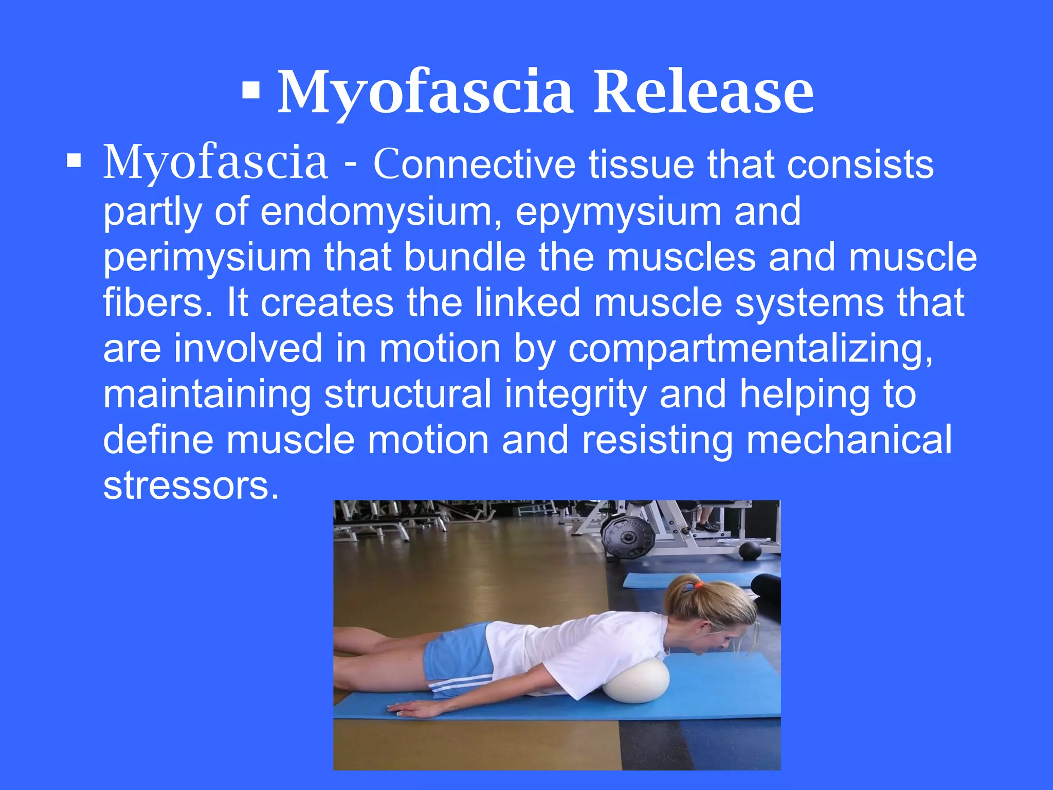 Myofascia Release Myofascia -  C onnective tissue that consists partly of endomysium, epymysium and perimysium that bundle the muscles and muscle fibers. It creates the linked muscle systems that are involved in motion by compartmentalizing, maintaining structural integrity and helping to define muscle motion and resisting mechanical stressors.  