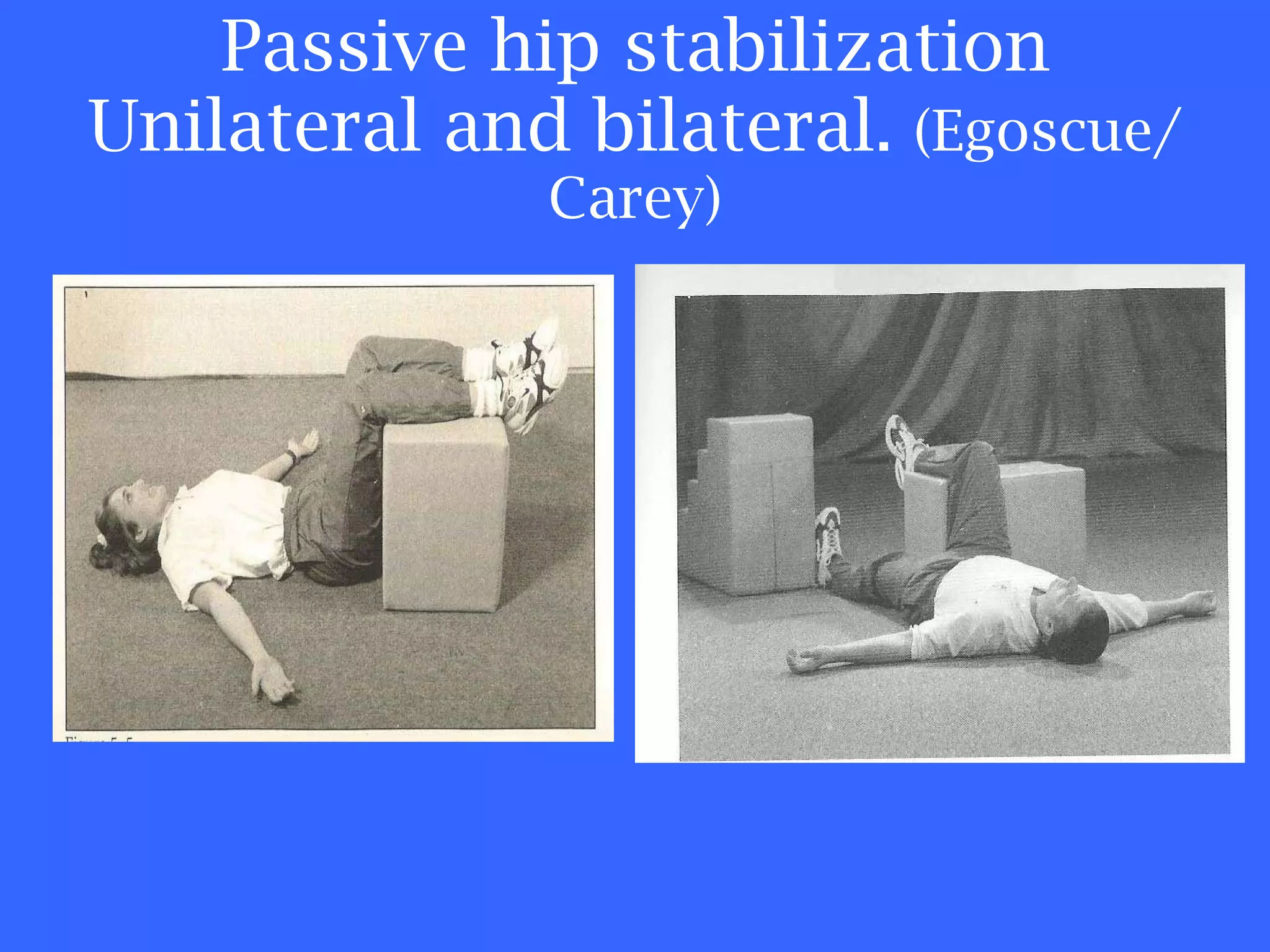 Passive hip stabilization Unilateral and bilateral.  (Egoscue/Carey) 