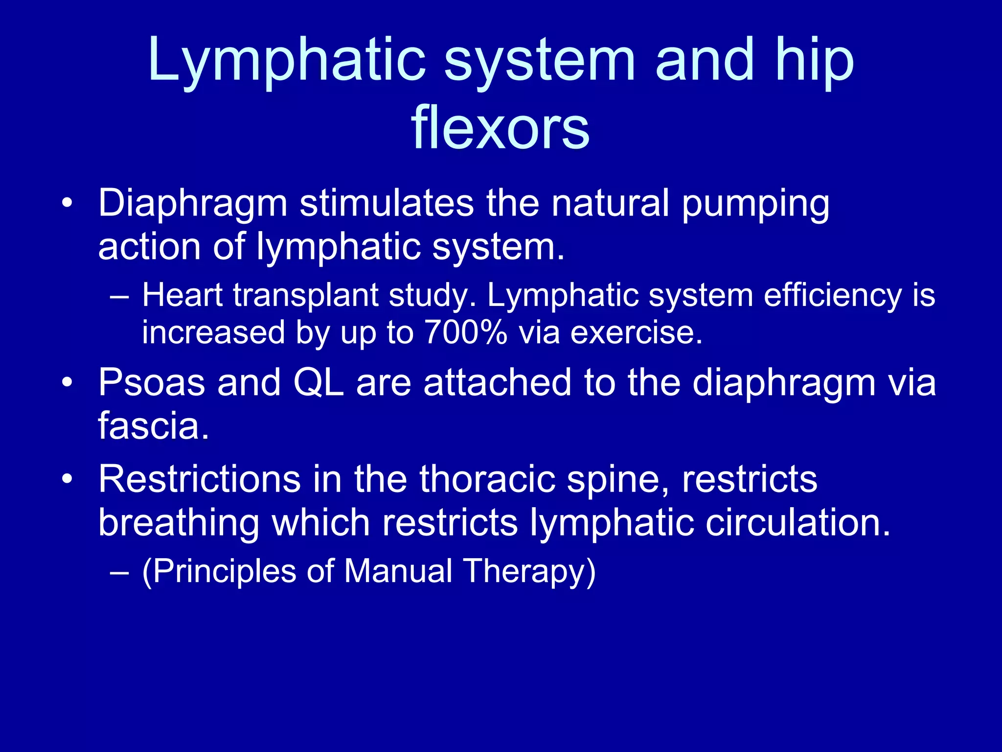 Lymphatic system and hip flexors Diaphragm stimulates the natural pumping action of lymphatic system. Heart transplant study. Lymphatic system efficiency is increased by up to 700% via exercise. Psoas and QL are attached to the diaphragm via fascia. Restrictions in the thoracic spine, restricts breathing which restricts lymphatic circulation. (Principles of Manual Therapy) 