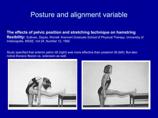 Posture and alignment variable The effects of pelvic position and stretching technique on hamstring flexibility:  Sullivan, Dejula, Worrell. Krannert Graduate School of Physical Therapy. University of Indianapolis. MSSE. Vol 24, Number 12, 1992 Study specified that anterior pelvic tilt (right) was more effective than posterior tilt (left). But also notice thoracic flexion vs. extension as well. 