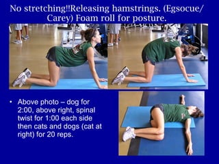No stretching!!Releasing hamstrings. (Egsocue/Carey) Foam roll for posture. Above photo – dog for 2:00, above right, spinal twist for 1:00 each side then cats and dogs (cat at right) for 20 reps. 