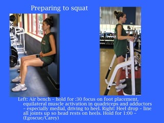Preparing to squat Left: Air bench – hold for :30 focus on foot placement, equilateral muscle activation in quadriceps and adductors – especially medial, driving to heel. Right: Heel drop – line all joints up so head rests on heels. Hold for 1:00 – (Egoscue/Carey) 