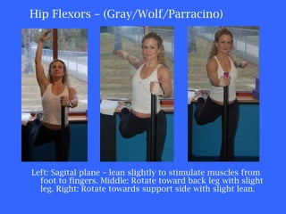 Hip Flexors – (Gray/Wolf/Parracino) Left: Sagital plane – lean slightly to stimulate muscles from foot to fingers. Middle: Rotate toward back leg with slight leg. Right: Rotate towards support side with slight lean. 