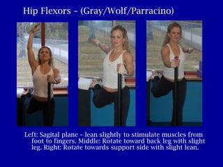 Hip Flexors – (Gray/Wolf/Parracino) Left: Sagital plane – lean slightly to stimulate muscles from foot to fingers. Middle: Rotate toward back leg with slight leg. Right: Rotate towards support side with slight lean. 