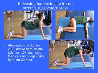 Releasing hamstrings with no stretch. (Egsocue/Carey) Above photo – dog for 2:00, above right, spinal twist for 1:00 each side then cats and dogs (cat at right) for 20 reps. 