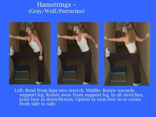 Hamstrings –  (Gray/Wolf/Parracino) Left: Bend from hips into stretch. Middle: Rotate towards support leg. Rotate away from support leg. In all stretches, keep foot in dorsi-flexion. Option to turn foot in or rotate from side to side. 