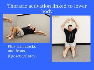 Thoracic activation linked to lower body Plus wall clocks and leans (Egoscue/Carey) 